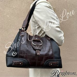 VTG Brighton🤎Large Leather Croc Embossed Brown/Black Shoulder Bag